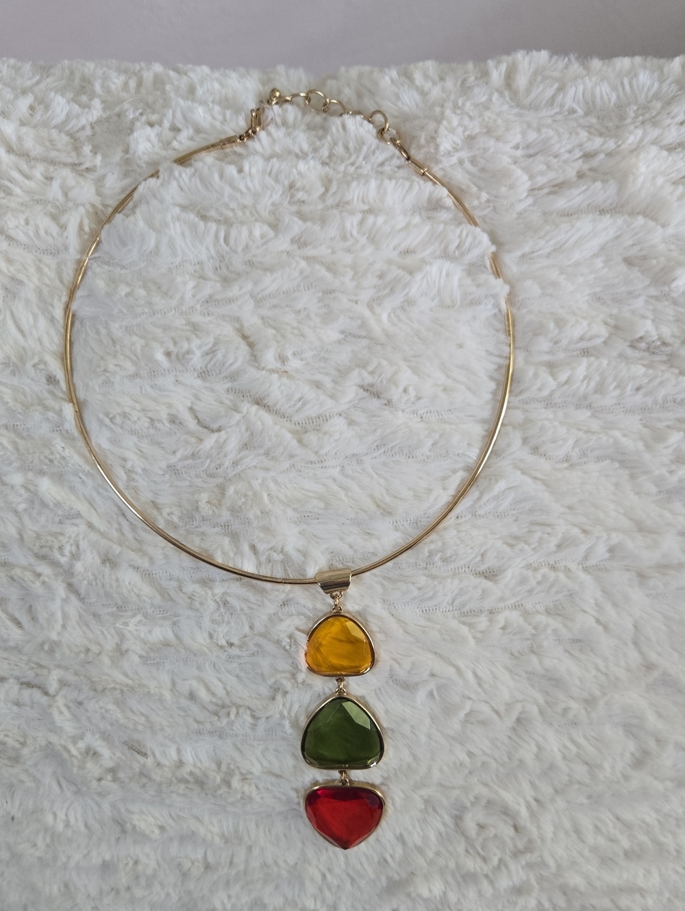 Gold Necklace with Yellow, Green & Red Gem Pendants - Unbranded